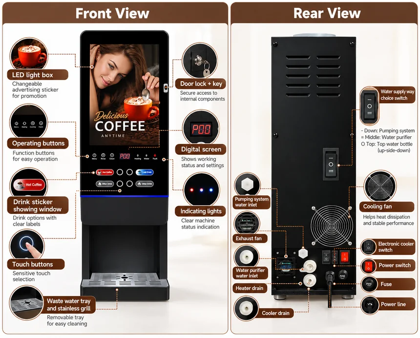AR102SV2 beverage machine front and rear view with controls, water connections, cooling fan, and drip tray