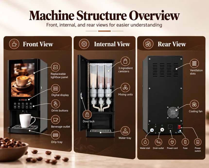 AR3C02 hot drinks machine front internal and rear structure overview