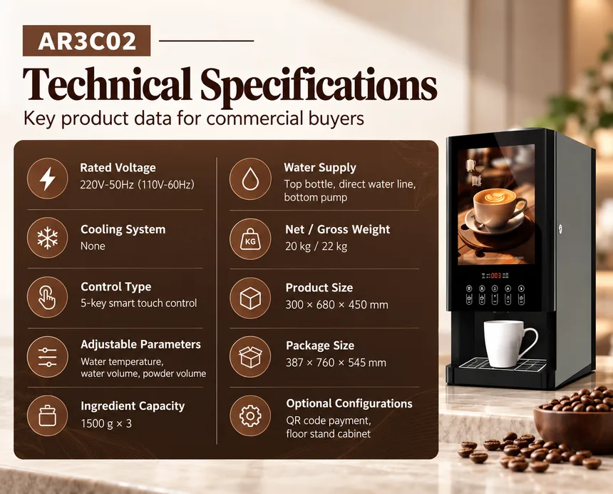 AR3C02 3 flavor self-service hot drinks machine technical specifications