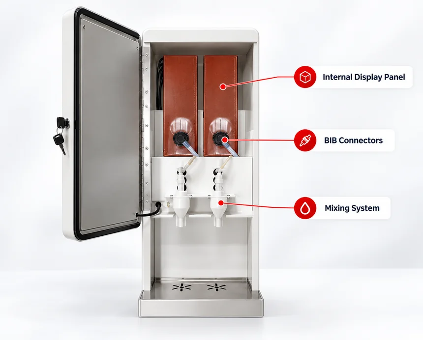 AR102SV2 internal view with BIB connectors and mixing system.