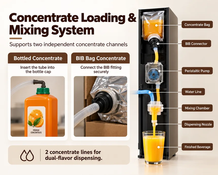 AR102J juice dispenser concentrate loading and automatic mixing system