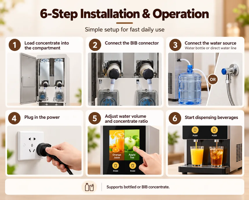 AR102J juice dispenser six step installation and operation guide