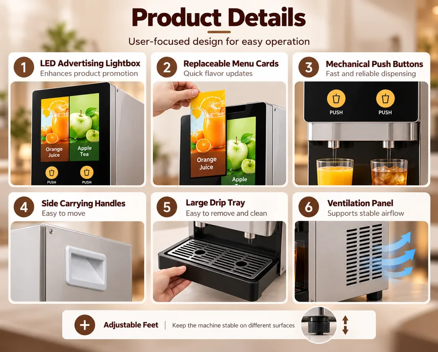 AR102J juice dispenser product details including buttons, drip tray and ventilation