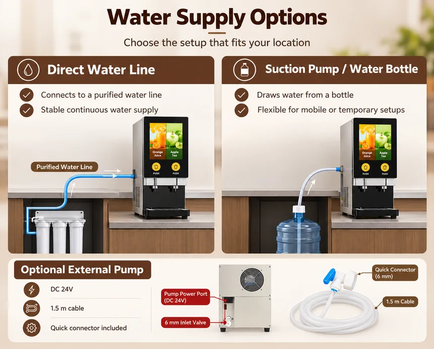 AR102J juice dispenser direct water line and water bottle supply options