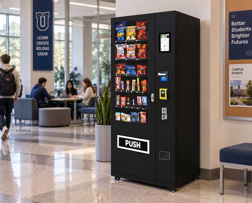 Black snack vending machine placed in a university campus lounge near student seating and bulletin boards.