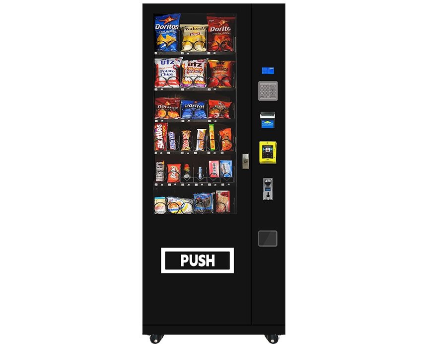 Aroom 1036ARB snack vending machine with 36 product slots, metal keypad, and multiple payment options.