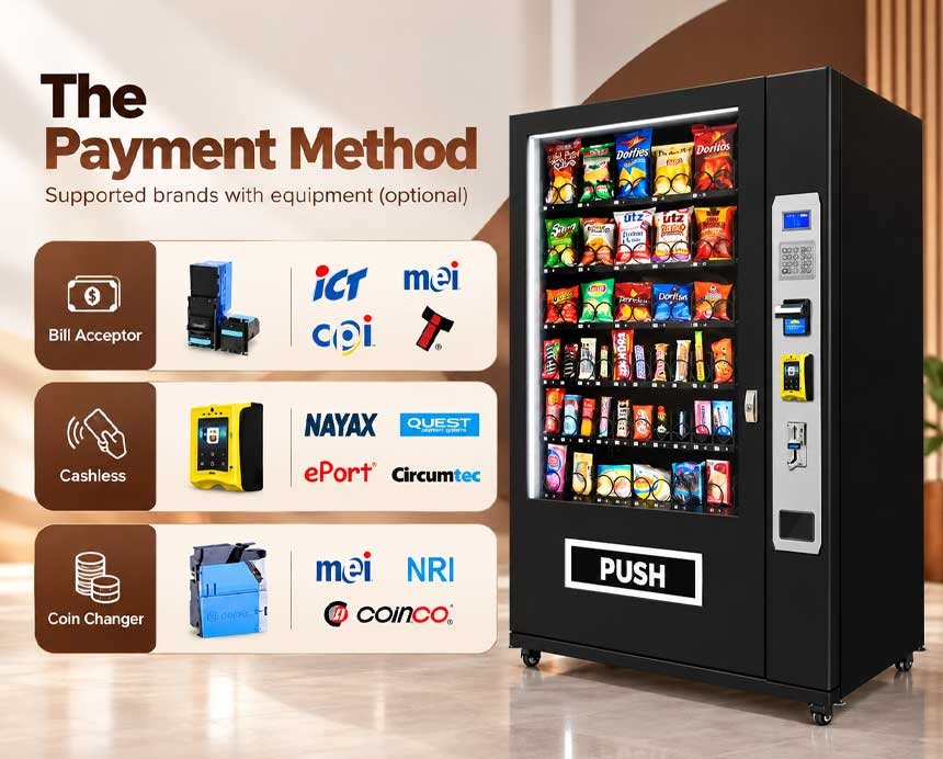 Snack vending machine with optional bill acceptor, cashless payment, and coin changer systems.