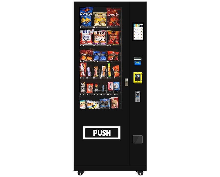 Aroom Vending 1036AR black snack vending machine with 36 product slots, touchscreen, and multiple payment options.
