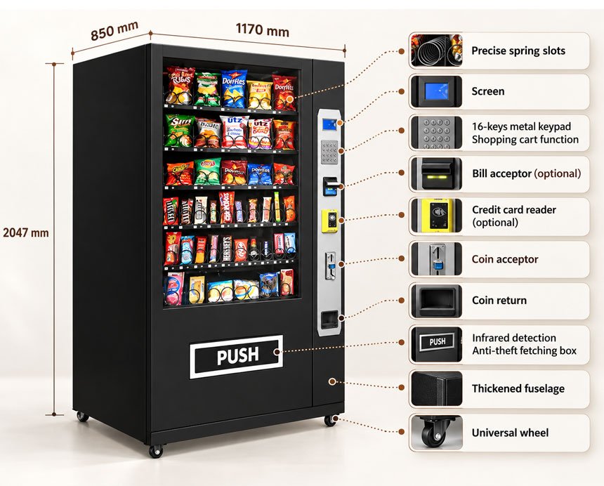60-slot snack vending machine with dimensions, keypad, payment systems, infrared detection, and universal wheels