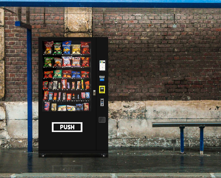 1060AR cold drinks and snacks vending machine at a bus station