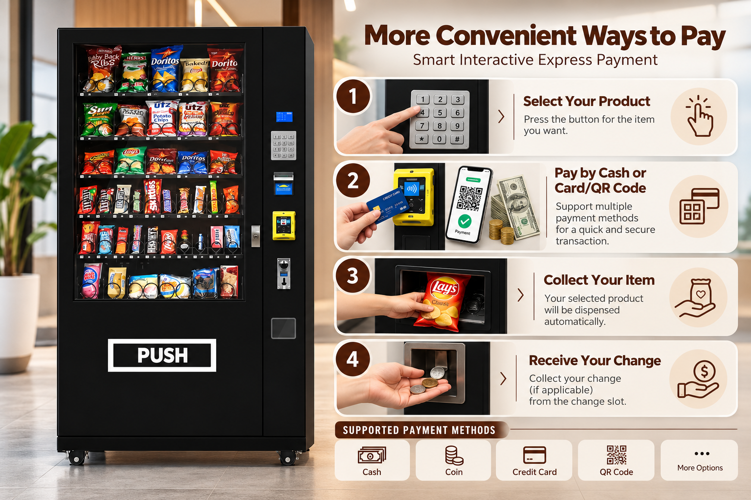 Snack vending machine with cash, coin, credit card, and QR code payment options and four-step purchase instructions.