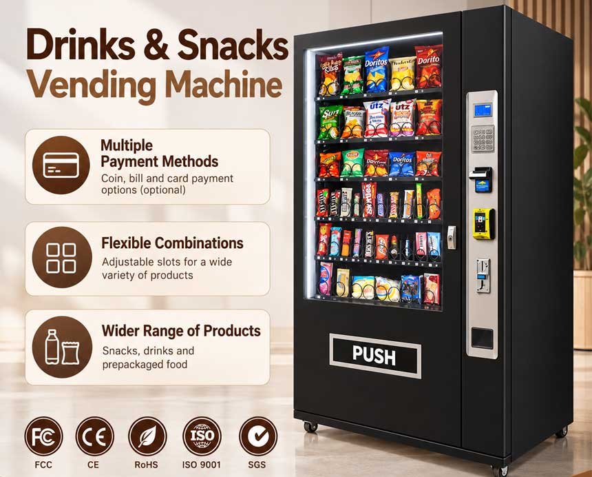 Drinks and snacks vending machine with multiple payment methods, flexible product slots, and a wide range of packaged products.