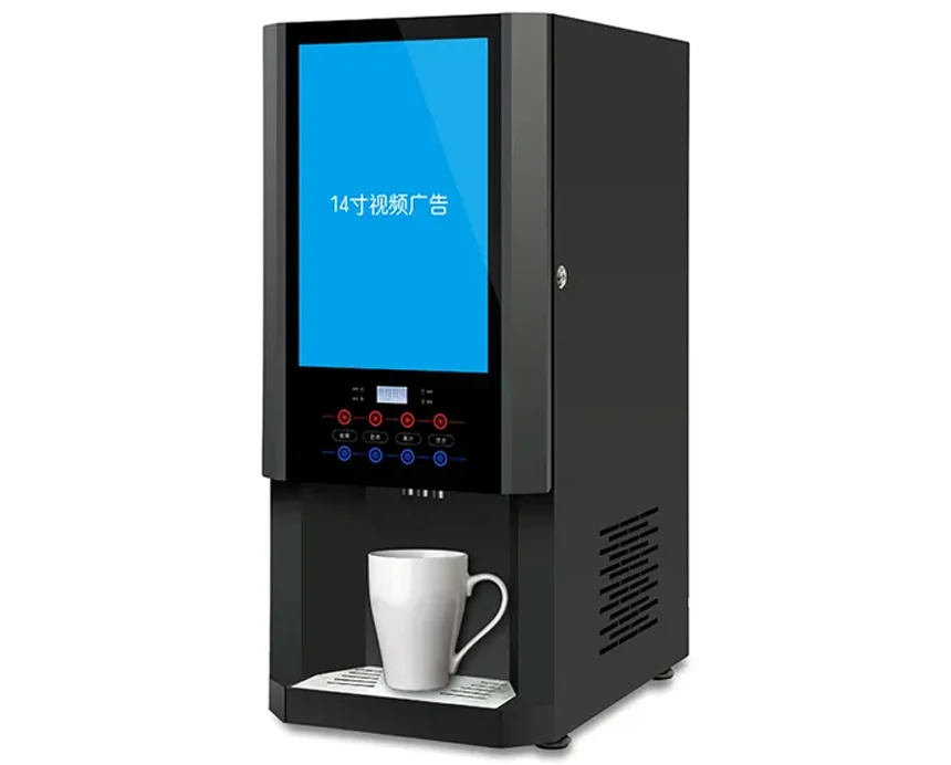 Angled view of AR3C05 14 inch LCD advertising screen instant hot beverage maker