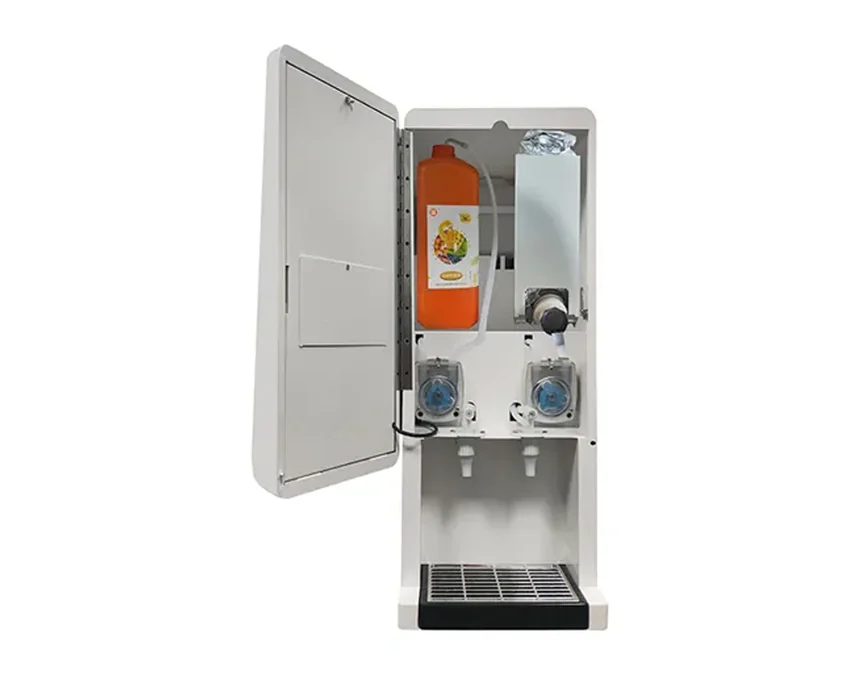 AR102J 2 flavor cold beverage juice dispenser internal view with concentrate system and pumps