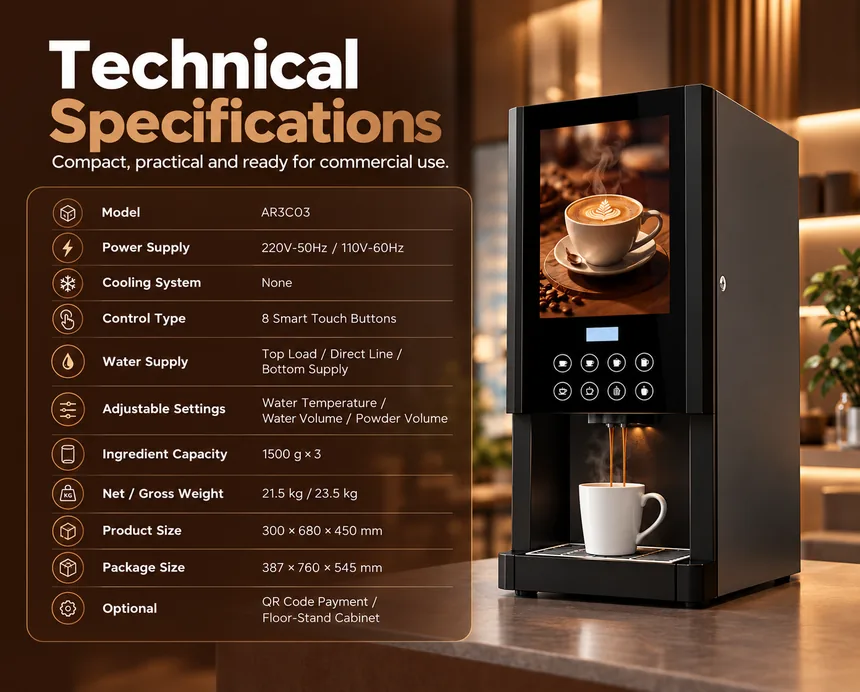 AR3C03 instant hot beverage coffee machine with 8 buttons technical specifications