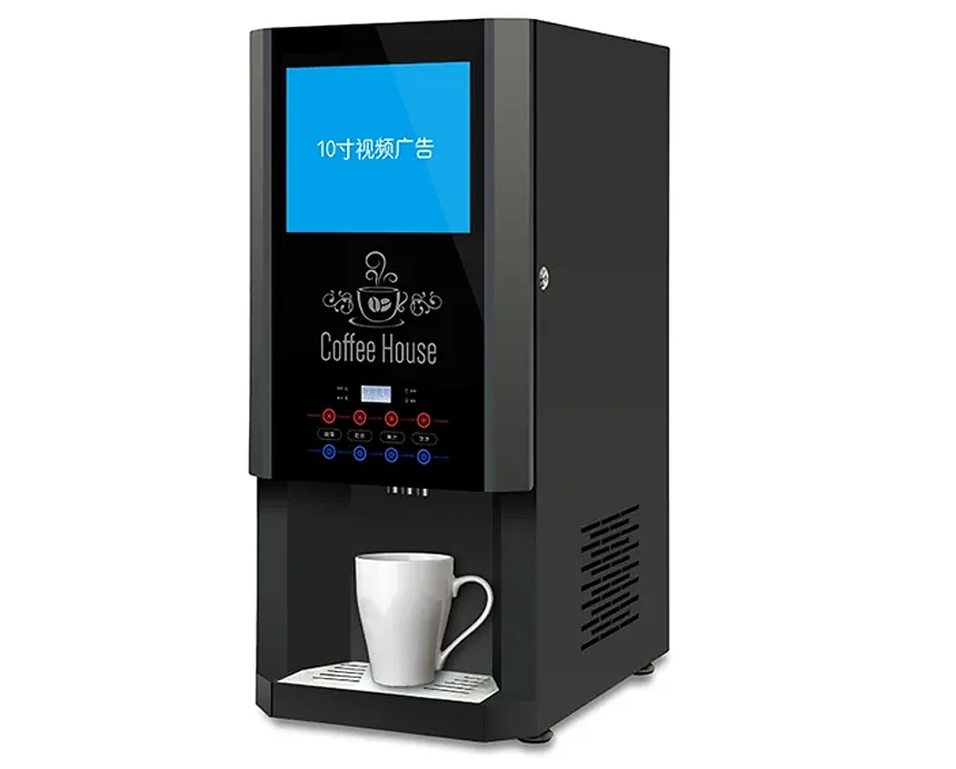 Side view of AR3C04 beverage vending machine with advertising screen, touch panel and ventilation
