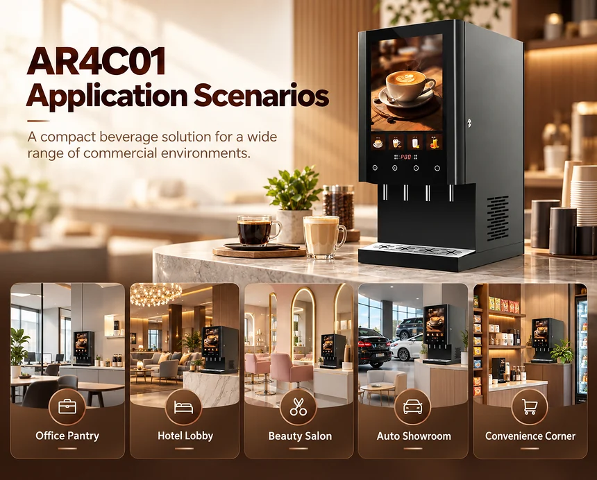 AR4C01 commercial coffee machine used in offices, hotels, beauty salons, auto showrooms and convenience areas