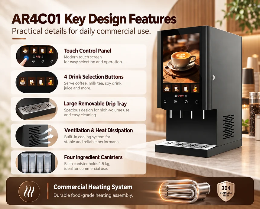 AR4C01 coffee machine key features including touch controls, four drink buttons, drip tray and ingredient canisters