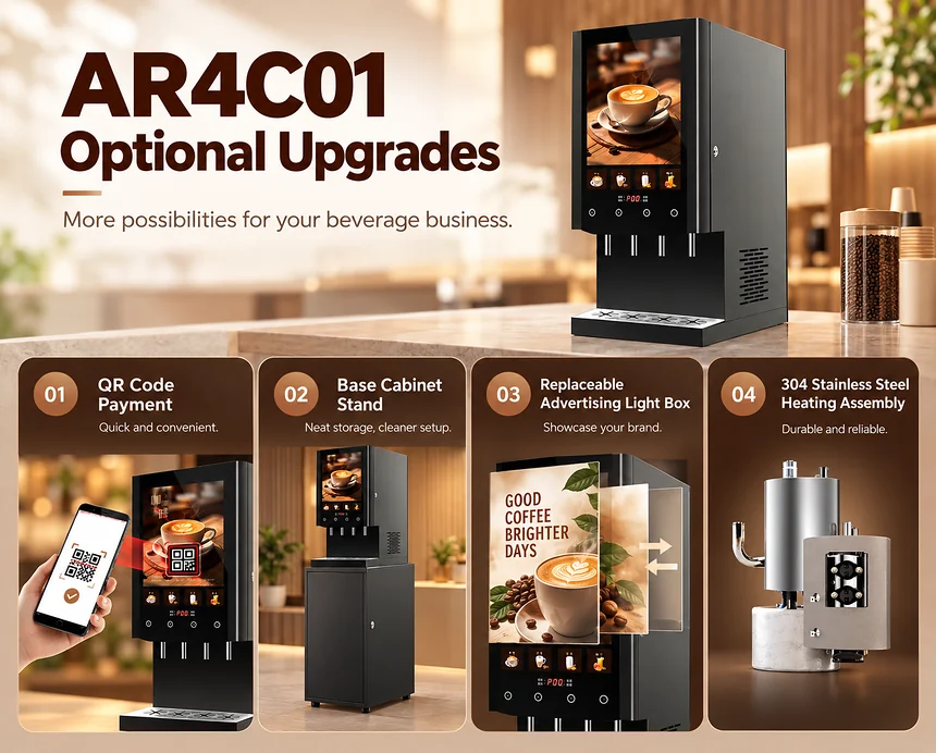 AR4C01 coffee machine optional upgrades with QR payment, base cabinet, advertising light box and heating assembly