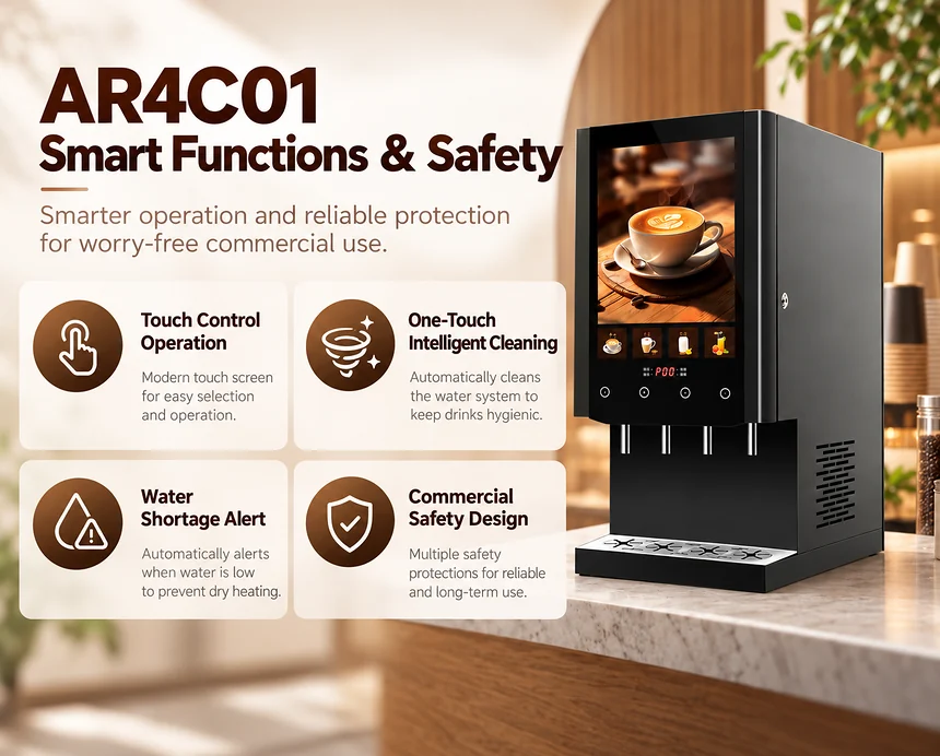 AR4C01 smart coffee machine functions with touch operation, one-touch cleaning and water shortage alert