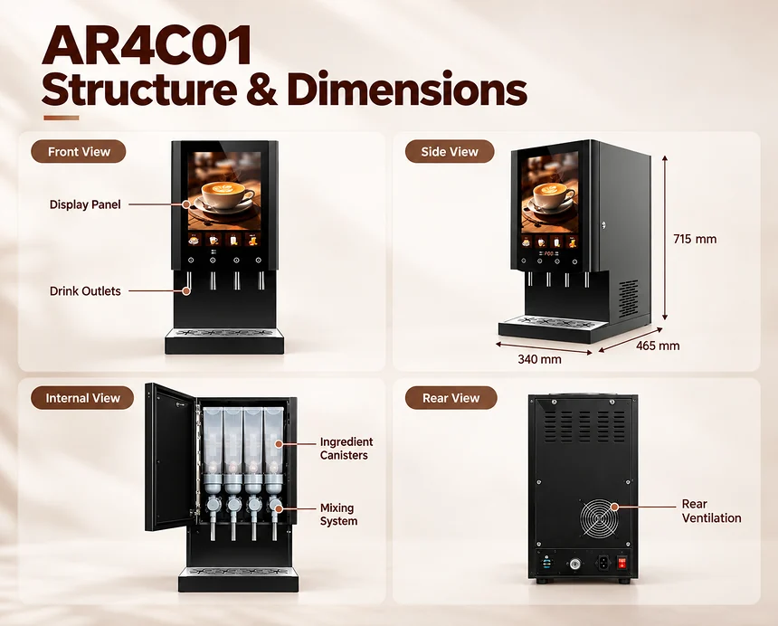 AR4C01 coffee machine structure and dimensions with front, side, internal and rear views