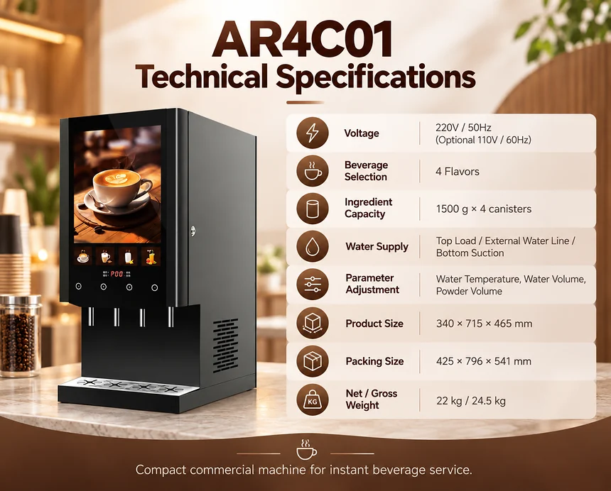 AR4C01 coffee machine technical specifications including voltage, ingredient capacity, water supply, dimensions and weight