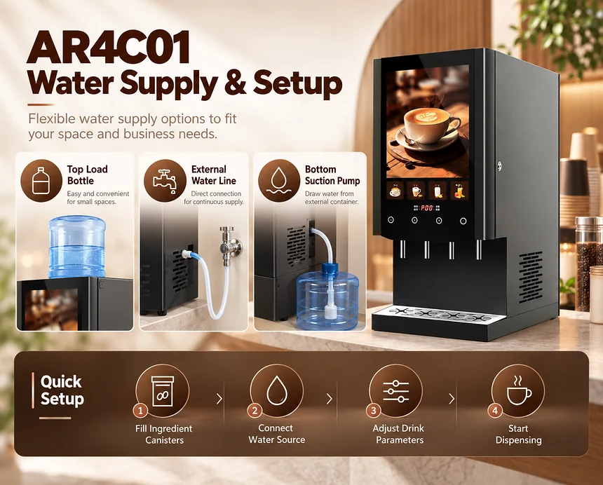 AR4C01 coffee machine water supply options with top bottle, external water line and bottom suction pump