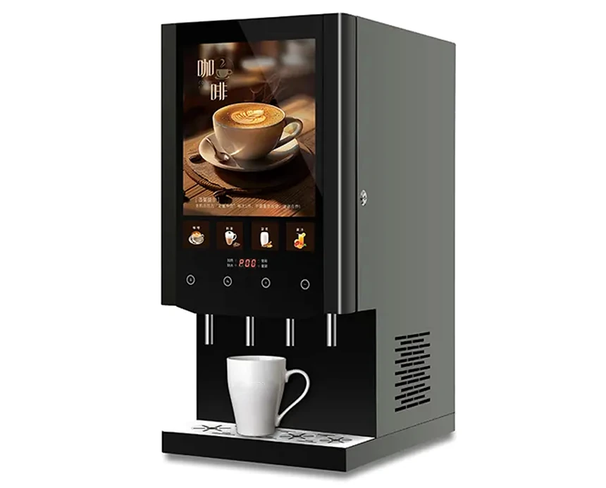 Side view of AR4C01 commercial instant coffee maker with display, four drink selections and ventilation