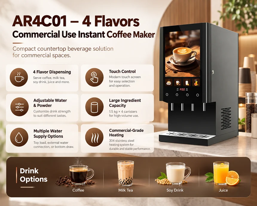 AR4C01 four-flavor commercial instant coffee maker with touch controls and drink options