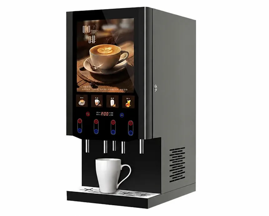 AR4C02 four-flavor instant hot and cold beverage machine shown from the front and right side with a plain white cup