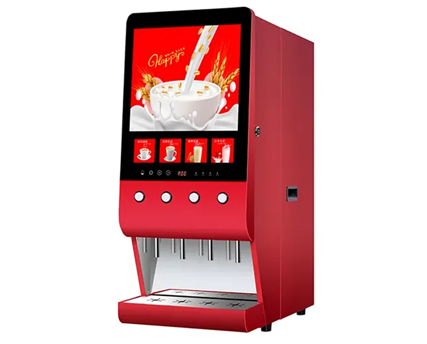 Side view of AR4C07 4 flavor beverage dispensing machine with display, buttons and compact red cabinet