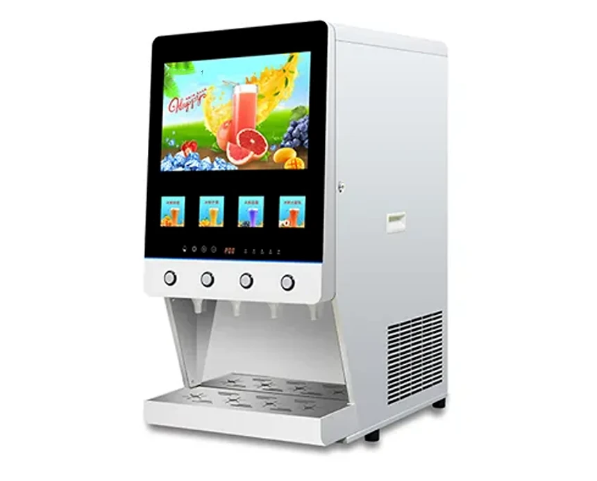 Side view of AR4C08 4 flavor cold beverage concentrate dispenser with display and cooling ventilation