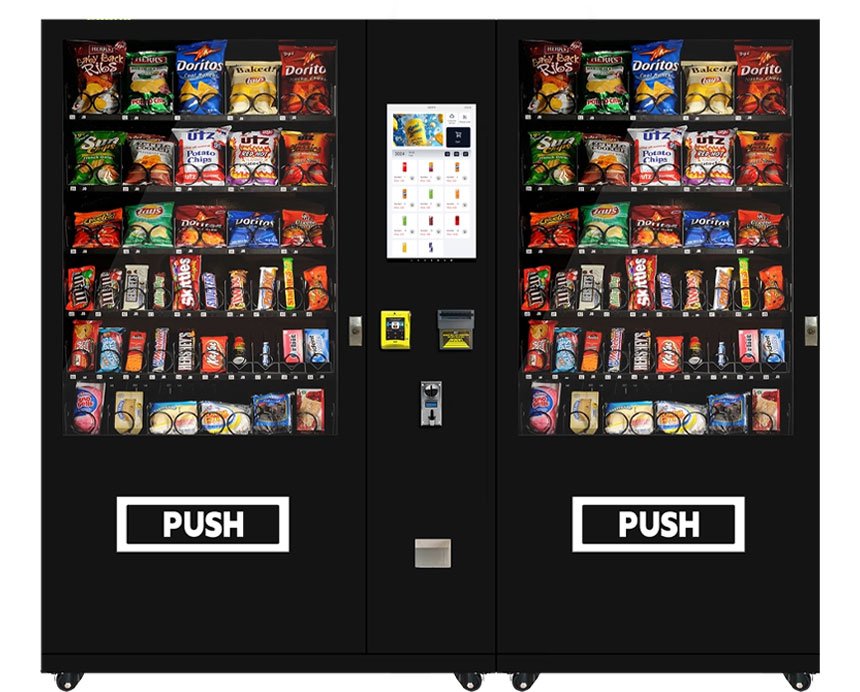 Commercial drink and snack vending machine with touchscreen and dual product display.