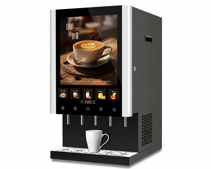 Front view of five-flavor instant beverage dispenser with large coffee advertising display and five selection buttons.
